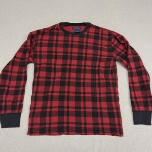 Polo Ralph lauren Shirt Medium Red Black Plaid Thermal Waffle Knit Crew Neck Tee